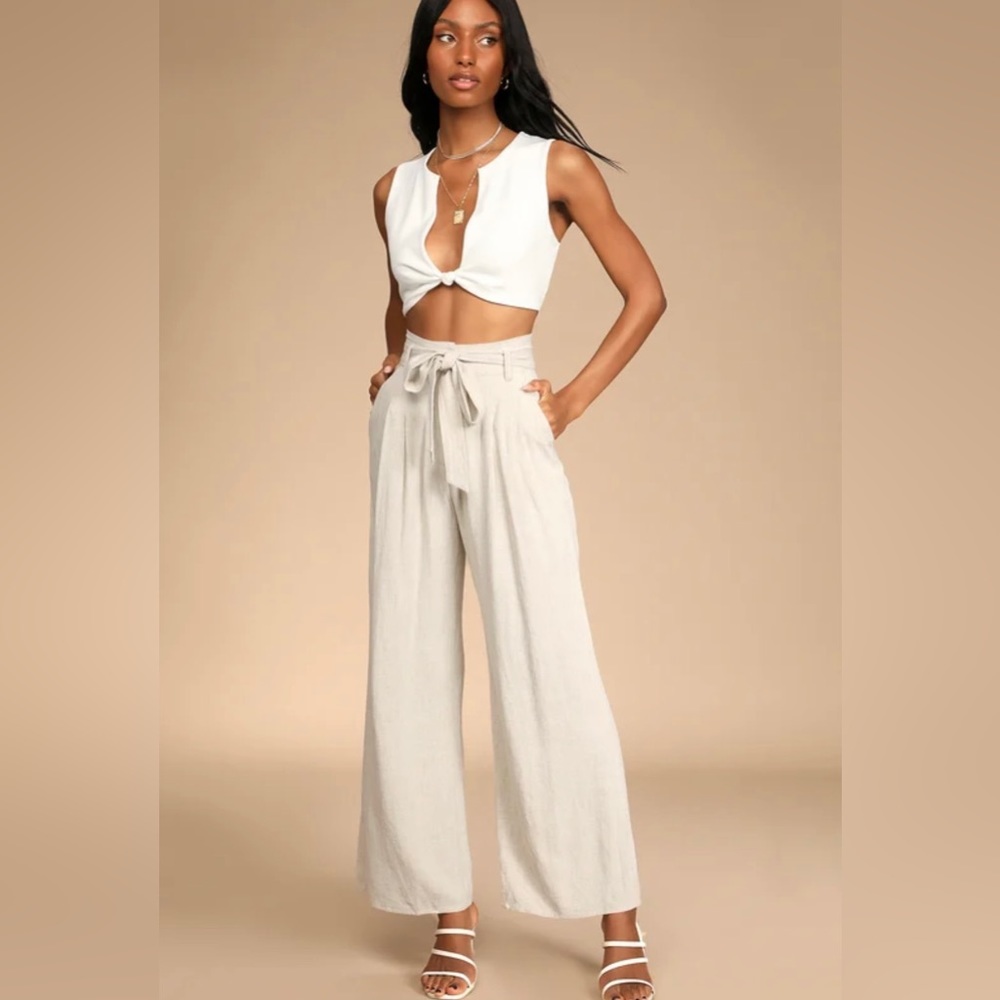Beige Belted High-Waisted Wide-Leg Pants *New With Tags*